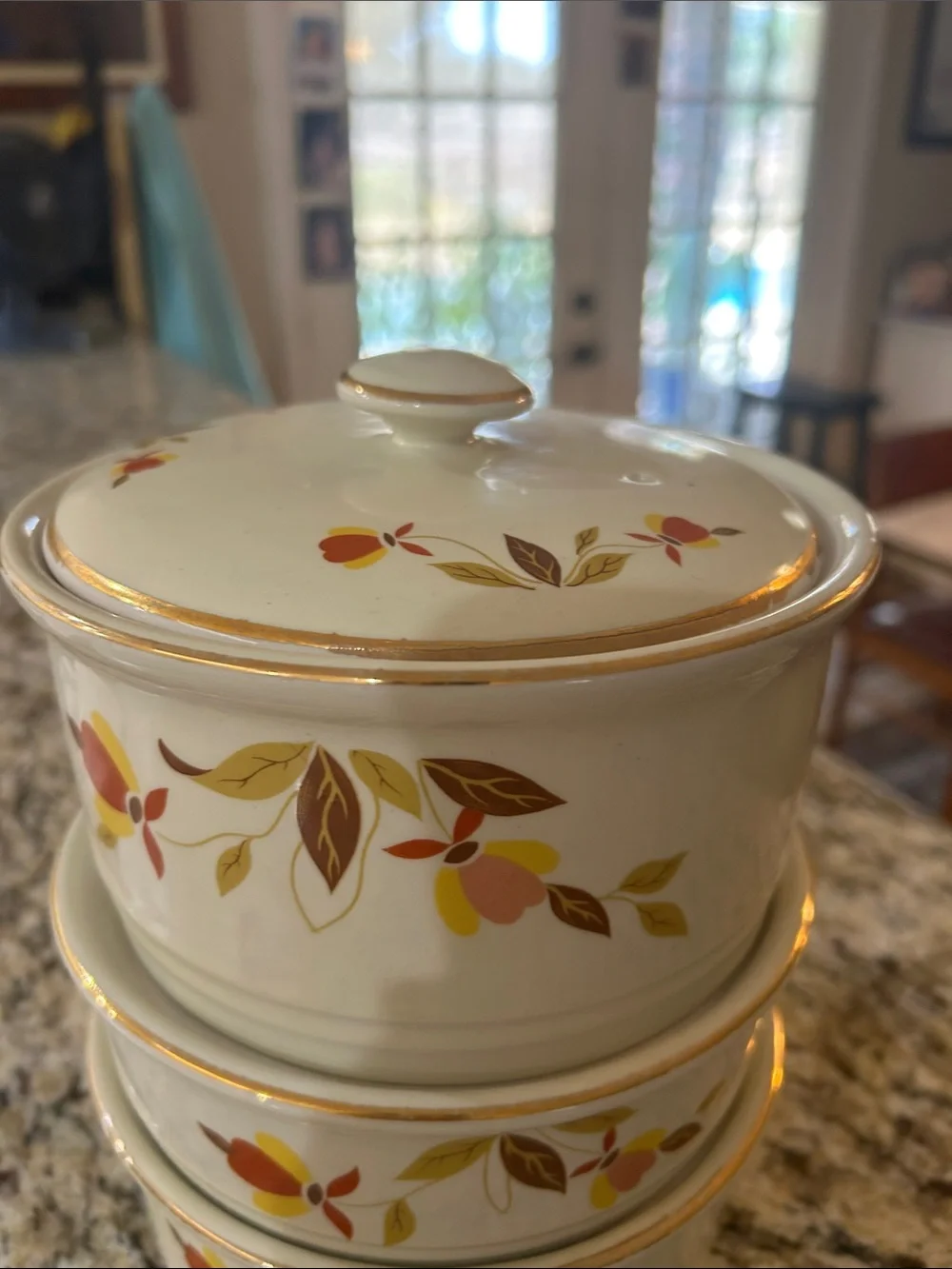 Vintage Hall Jewel Tea Autumn Leaf Set of 3 Stackable Casserole Dish with Lid
